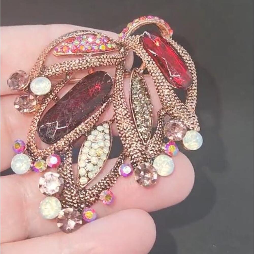 Stylized Bunch of Grapes Brooch Rhinestone & Faux Jewels Copper Color Metal